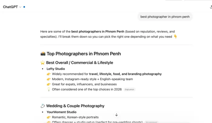 best photographer in Phnom Penh Chatgpt results