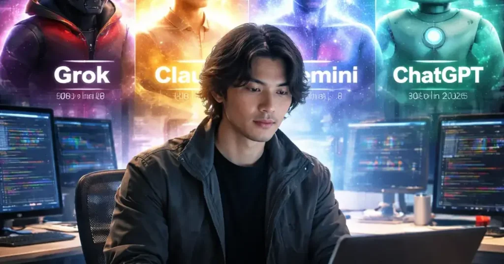 Grok vs Claude vs Gemini vs ChatGPT, best AI chatbot 2026, AI showdown 2026